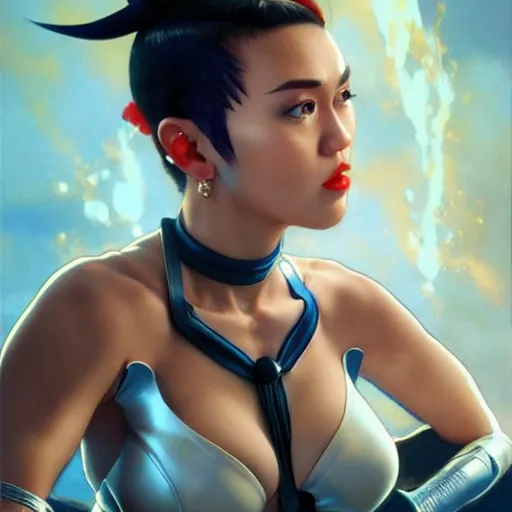 Image similar to miley cyrus as chun li from street fighter, 4 k, ultra realistic, detailed focused art by artgerm and greg rutkowski and alphonse mucha