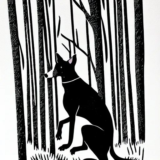 Image similar to minimalist linocut, black and white, greyhound in a forest