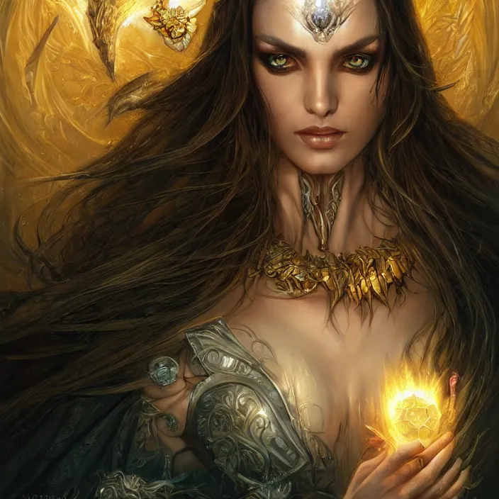 Prompt: a highly detailed painting of a sorceress with piercing beautiful eyes, dark tomb setting, dynamic lighting, ambient lighting, deviantart, art by artgerm and karol bak and mark brooks