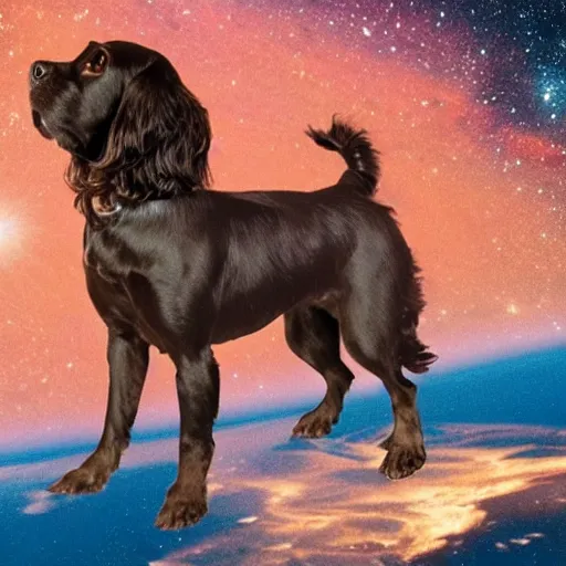 Image similar to a celestial field spaniel in space, visionary, masterpiece