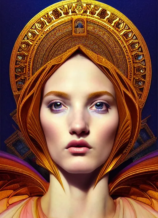 Prompt: portrait of a beautiful young goddess' face merging with a cathedral building, unusual beauty, etheric, outworldly colours, emotionally evoking symbolic metaphors, head in focus, fantasy, ornamental, intricate, elegant, highly detailed digital painting, artstation, concept art, painterly, golden ratio, sharp focus, illustration, art by John William Godward and Zdzisław Beksiński,