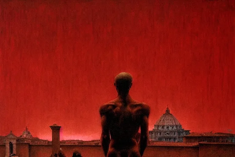 Prompt: only with red, caesar after war, the deal, a red tiger, in hoc signo vinces, rome in background, an ancient path, in the style of beksinski, part by hopper, part by rodcenko, part by hofbauer, intricate composition, red by caravaggio, insanely quality, highly detailed, masterpiece, red light, artstation