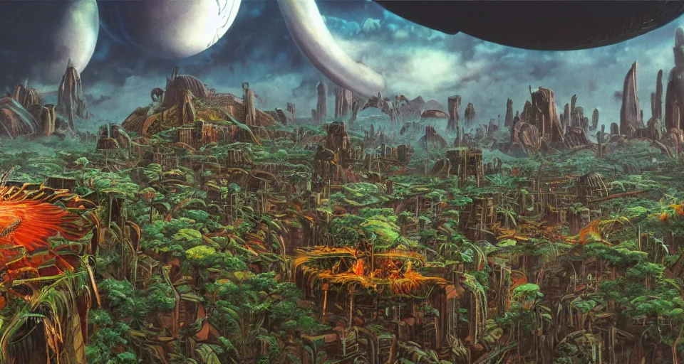 Prompt: a primordial, prehistoric jungle with a retro-sci-fi city in the distance, wide-angle shot, angled view, fisheye lens, two point perspective, animation background painting from Thundercats (1985), Masters of the Universe (1983), in the style of Jim Burns, Craig Mullins, clean scan, artstation trending, digital painting, many small details, 8k