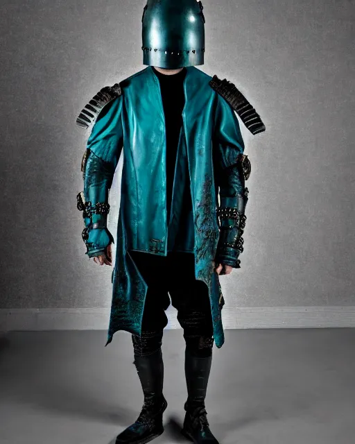 Prompt: an award - winning photo of a male model wearing a baggy teal distressed medieval menswear moto jacket inspired by medieval armour designed by alexander mcqueen, 4 k, studio lighting, wide angle lens