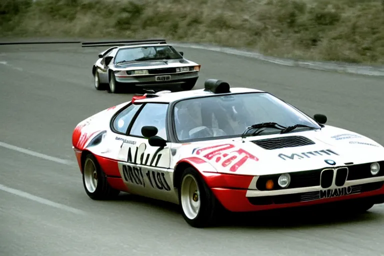 Image similar to BMW M1 Stratos!!!!!!!!!!, movie still, speed, cinematic Eastman 5384 film