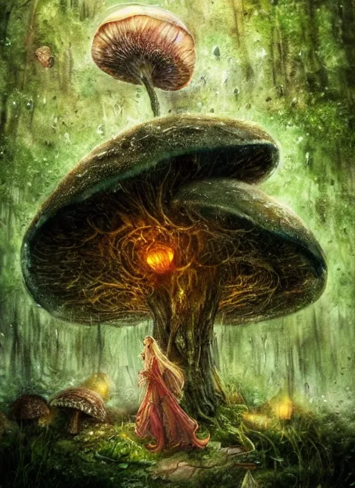 Prompt: a beautiful fantasy woman makes camp under a large mushroom, moss, dewdrops, rainstorm, watercolor, dramatic lighting, cinematic, establishing shot, extremely high detail, foto realistic, cinematic lighting, pen and ink, intricate line drawings, by Yoshitaka Amano, Ruan Jia, Kentaro Miura, Artgerm, post processed, concept art, artstation, matte painting, style by eddie mendoza, raphael lacoste, alex ross,