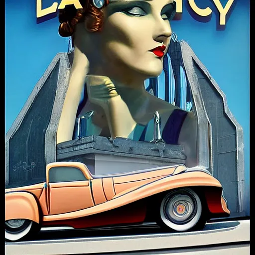 Prompt: art deco lady by the car city scenic, detailed, photorealistic