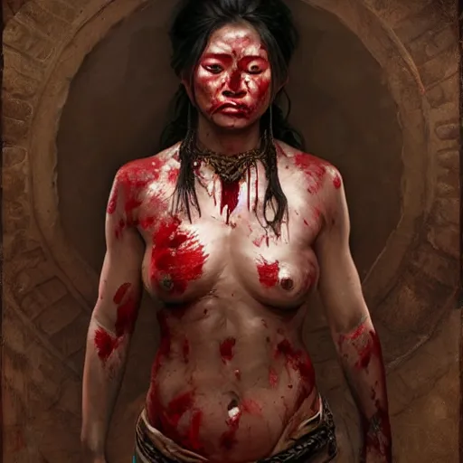 Image similar to portrait painting of a muscular bloodied dark nepali female butcher, ultra realistic, concept art, intricate details, eerie, highly detailed, photorealistic, octane render, 8 k, unreal engine. art by artgerm and greg rutkowski and alphonse mucha