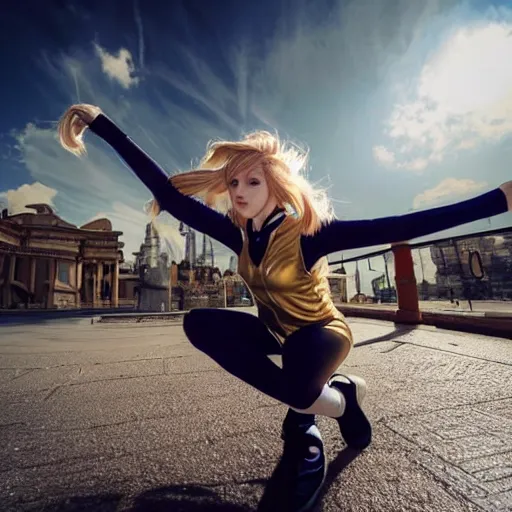 Image similar to blonde - haired princess, anime princess, wearing skinsuit, action pose, parkour, plaza, greco - roman pillars, golden hour, partly cloudy sky, sepia sun, strong lighting, strong shadows, vivid hues, ultra - realistic, sharp details, subsurface scattering, intricate details, hd anime, 2 0 1 9 anime