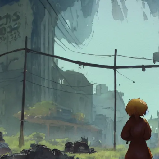 Image similar to incredible wide screenshot, ultrawide, simple watercolor, rough paper texture, made in abyss movie scene, backlit distant shot of girl in a parka running from a giant moster invasion side view, yellow parasol in deserted dusty shinjuku junk town, broken vending machines, bold graphic graffiti, old pawn shop, bright sun bleached ground, mud, fog, dust, windy, scary robot monster lurks in the background, ghost mask, teeth, animatronic, black smoke, pale beige sky, junk tv, texture, dusty, dry, pencil marks, genius party,shinjuku, koji morimoto, katsuya terada, masamune shirow, tatsuyuki tanaka hd, 4k, remaster, dynamic camera angle, deep 3 point perspective, fish eye, dynamic scene