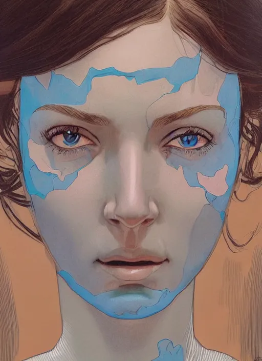 Image similar to a close up on the face of a beautiful woman in a future space suit; highly detailed; pretty blue eyes; pupils; artwork by james jean and Phil noto