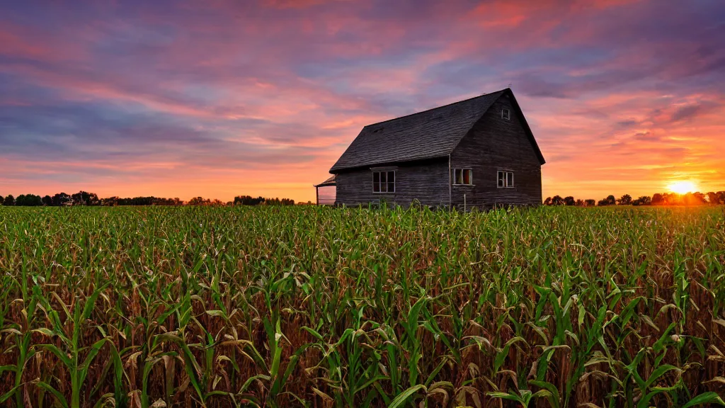 Prompt: a medium shot angle of a countryside house in the middle of a cornfield in the sunrise.