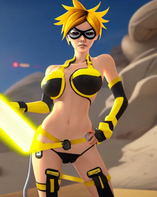 Image similar to tracer game character, in yellow bikini, blonde hair, black eyes, full height