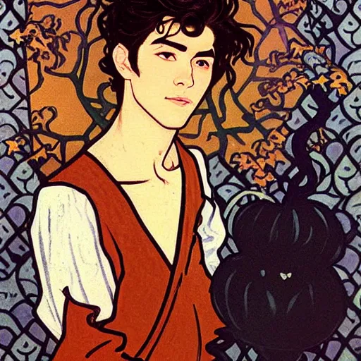 Image similar to painting of young cute handsome beautiful dark medium wavy hair man in his 2 0 s named shadow taehyung and cute handsome beautiful min - jun together at the halloween! party, bubbling cauldron!, candles!, smoke, autumn! colors, elegant, modest, wearing suits!, delicate facial features, art by alphonse mucha, vincent van gogh, egon schiele