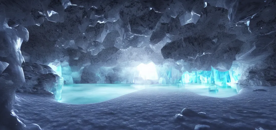 Prompt: epic view of glowing ice cavern, with lake pool, caustics, night sky, ice dust, sparkles, unreal engine, dramatic lighting, detailed, ambient occlusion, global illumination, god rays, 3 d artstation render by greg rutowski and jessica rossier