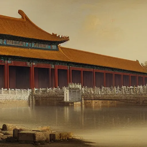 Prompt: the Forbidden City at noon, by Hubert Robert, 8k,