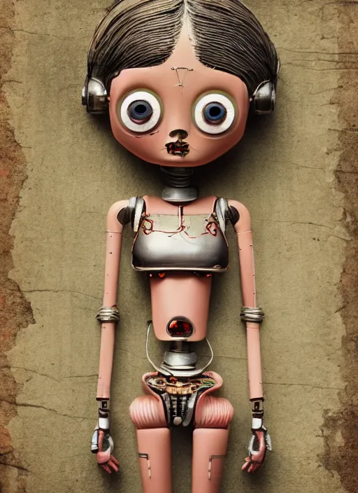 Image similar to closeup portrait of tin toy robot bikini girl trap, depth of field, zeiss lens, detailed, symmetrical, centered, fashion photoshoot, by nicoletta ceccoli, mark ryden, lostfish, breathtaking, 8 k resolution, extremely detailed, beautiful, establishing shot, artistic, hyperrealistic, octane render