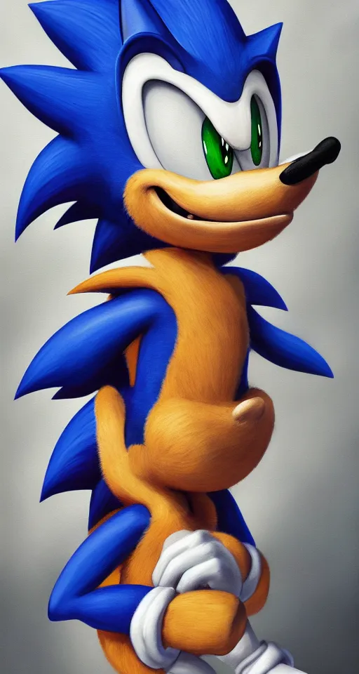 Prompt: studious portrait painting of anthropomorphic sonic the hedgehog, chiaroscuro, elegant highly detailed oil painting 4 k, archival scan