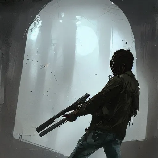 Image similar to putting in a zombie apocalypse holding a gun by greg rutkowski