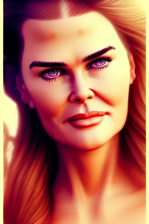 Prompt: mix of beautiful young maria shriver, mariel hemmingway, brooke shields, nicole kidman and elle macpherson as a young bikini model, thin lips, hair tied up in a pony tail, dark blonde hair, colorful, artstation, cgsociety