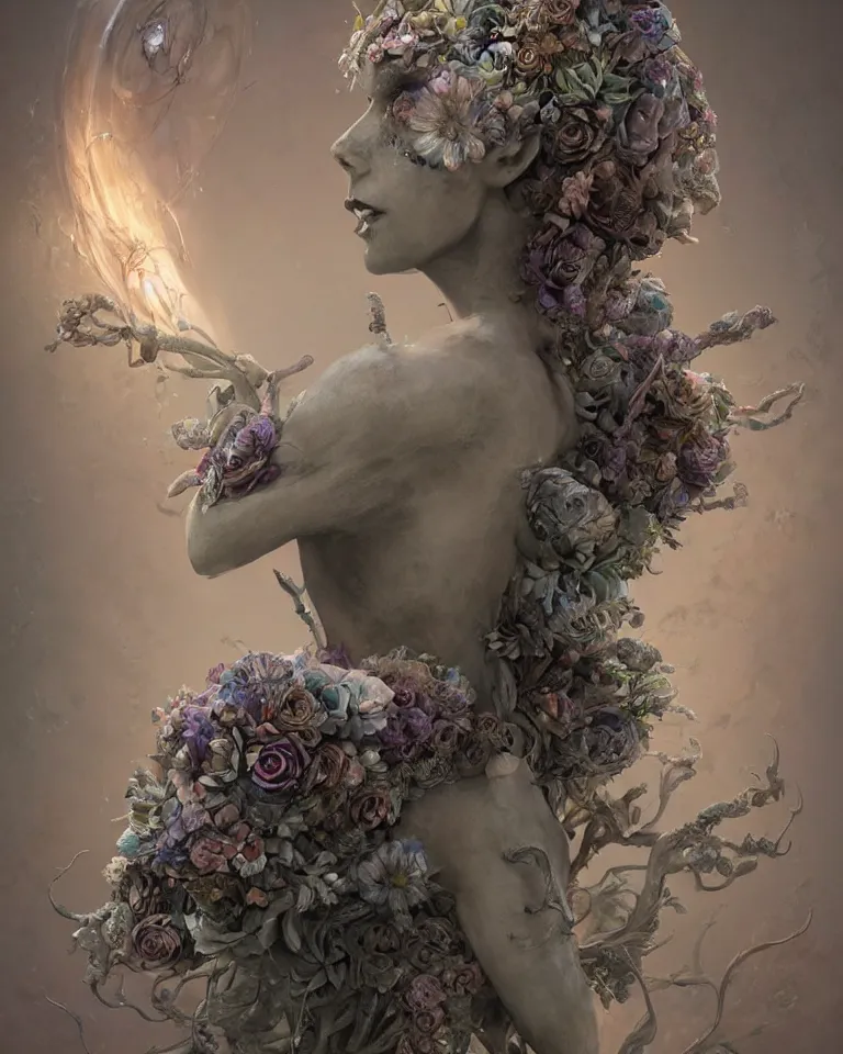 Prompt: a sculpture of a gorgeous etherial female, made of mist, made of flowers, Andrew Ferez, Charlie Bowater, Marco Mazzoni, Seb McKinnon, Ryohei Hase, lovecraftian, cosmic horror, trending on cgsociety, featured on zbrush central, grotesque, vanitas, new sculpture, mystical