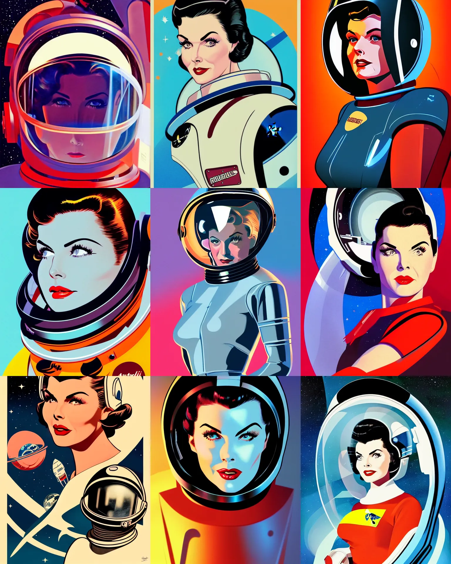 Prompt: sherilyn fenn 2 6 years old astronaut, retro space helmet, buck rogers. forbidden planet 1 9 5 6, retro futurism 1 9 5 0 s, half portrait by stanley artgerm, dramatic lighting, ilya kuvshinov, trending on artstation, flat colour, geometric curves, gradient filter, pleasing tone colours, dan dare comic