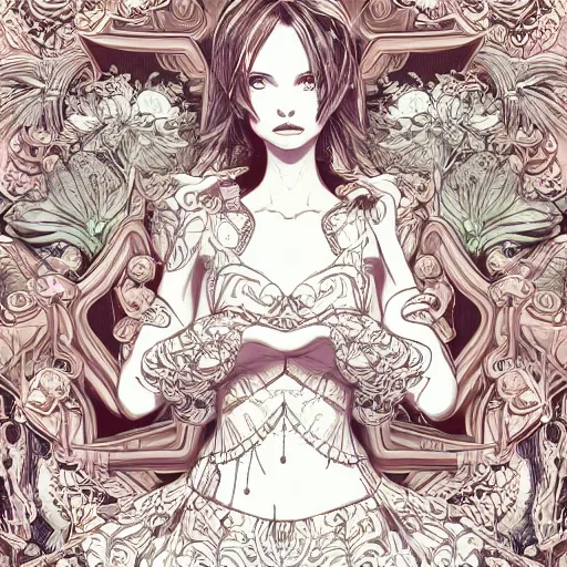 Image similar to the most ridiculously beautiful and elegant and cute woman ever imaginable, an ultrafine detailed illustration by james jean, final fantasy, intricate linework, bright colors, behance contest winner, vanitas, angular, altermodern, unreal engine 5 highly rendered, global illumination, radiant light, detailed and intricate environment