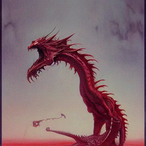 Image similar to red dragon concept, dragon head, dragon body, wings on the back, beksinski