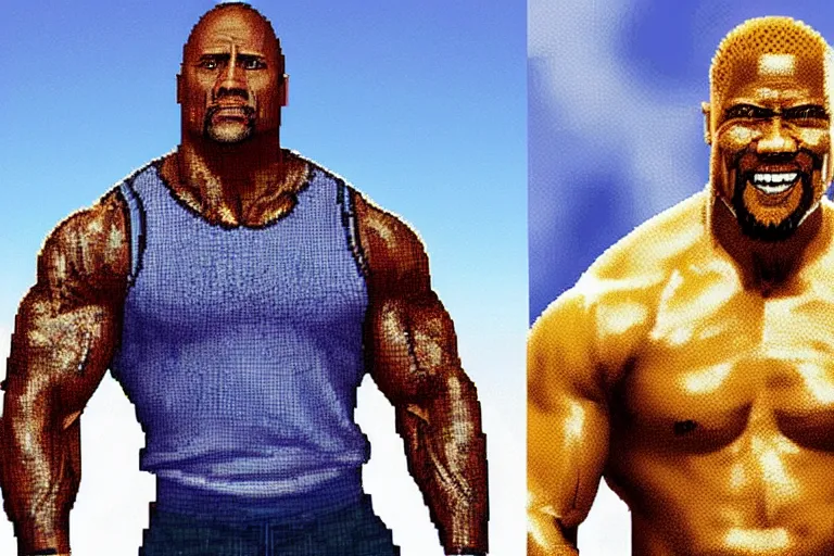 Image similar to pixel art of dwayne johnson and kevin hart, 8 bit, hd