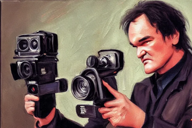 Prompt: Quentin tarantino holding a 16 mm camera, oil painting