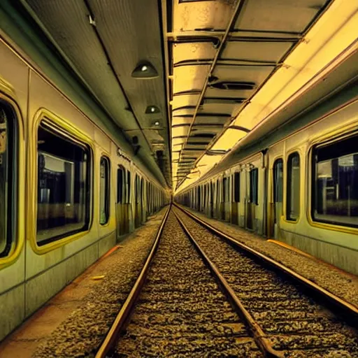 Image similar to a inside of a train hallway the train hallway is empty and train is moving the window view is a sunset view of a beautiful landscape