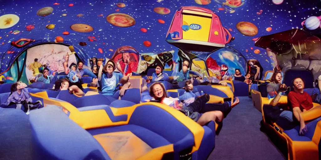 Image similar to 1990s photo of inside the Space Sofa ride at Universal Studios in Orlando, Florida, riding the flying sofa through space , cinematic, UHD