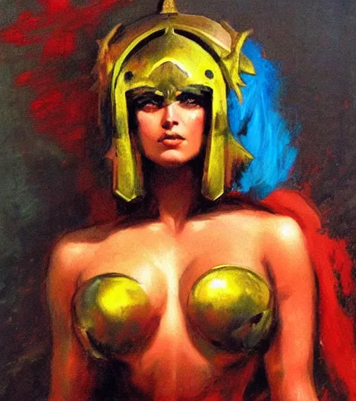 Image similar to portrait of strong iranian female chaos angel, beautiful! coherent! by frank frazetta, by brom, strong line, vivid neon color, spiked scrap metal armor, iron helm maximalist