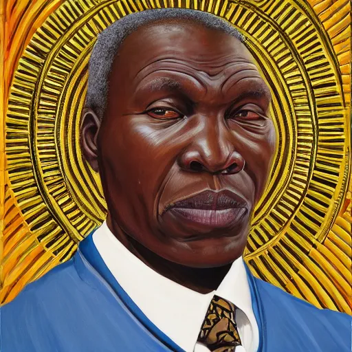 Image similar to a painting of a round face, XXL Loving, caring, generous, ever-present, humble, wise elder from Kenya in a suit by Kehinde Wiley . Fatherly/daddy, focused, loving, leader, relaxed,. ethereal lights, details, smooth, sharp focus, illustration, realistic, cinematic, artstation, award winning, rgb , unreal engine, octane render, cinematic light, macro, depth of field, blur, red light and clouds from the back, highly detailed epic cinematic concept art CG render made in Maya, Blender and Photoshop, octane render, excellent composition, dynamic dramatic cinematic lighting, aesthetic, very inspirational, arthouse.