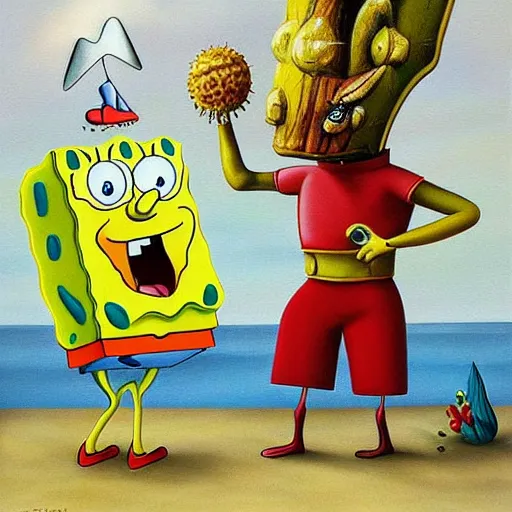 Image similar to detailed realistic surrealist painting of spongebob and patrick, in the style of salvador dali