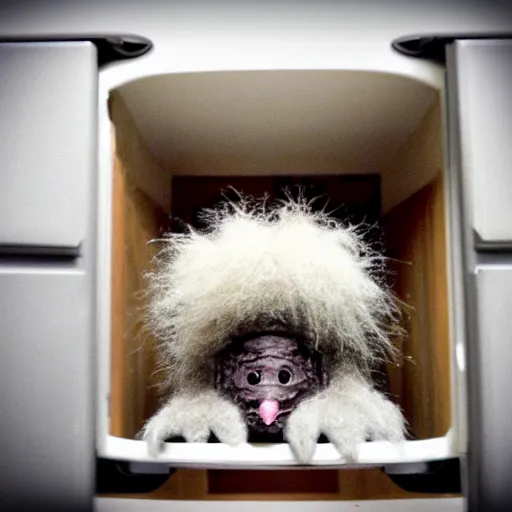 Prompt: strange creepy fuzzy creature found in the cabinet under a sink, dark photograph