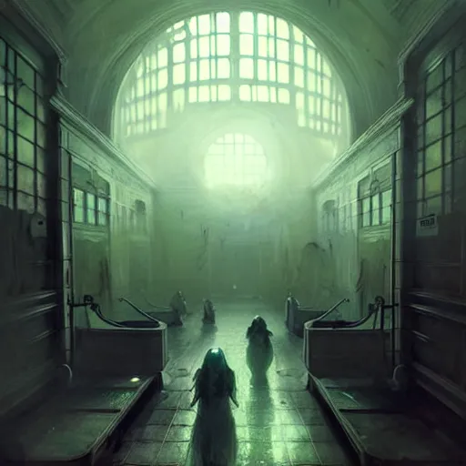 Image similar to psychiatric hospital asylum, horror scene, eerie atmosphere, by greg rutkowski and gaston bussiere, fluorescent lighting, beautiful volumetric - lighting - style atmosphere, futuristic atmosphere, intricate, detailed, photorealistic imagery, artstation