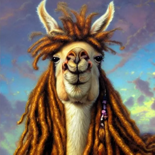 Prompt: detailed baroque portrait of a llama with dreadlocks, realistic creature concept, heroic pose, oil painting by Thomas Kinkade, detailed, 4k
