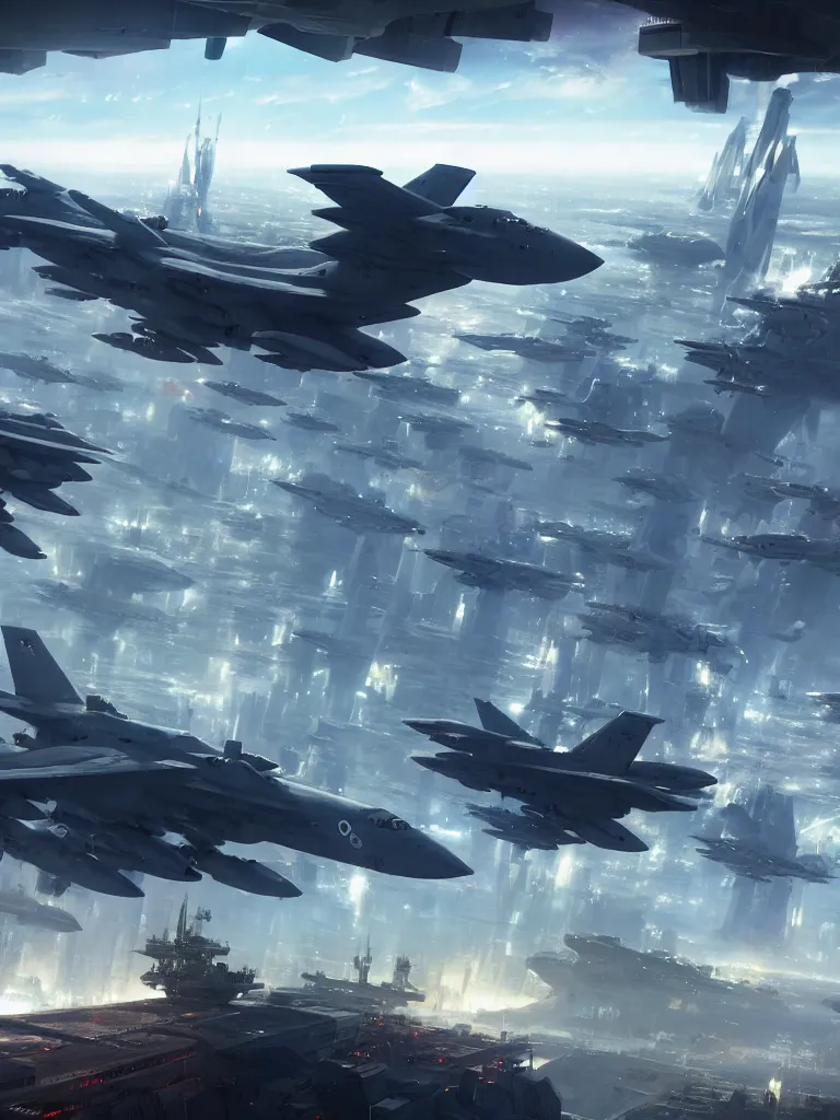Image similar to Beautiful Epic scene of a beautiful gigantic futuristic military aircraft carrier above a futuristic Tokyo style military city, by Greg Rutkowski and Col Price and Pan_Ren_Wei and Hongkun_st and Luc Fontenoy and Darek Zabrocki and WLOP and Madhouse Inc., anime style, cgsociety, trending on artstation