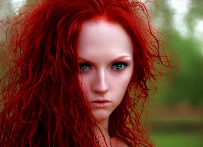 Image similar to award winning 3 5 mm close up face portrait photo of a redhead with blood - red wavy hair and intricate dragon eyes in a park by luis royo