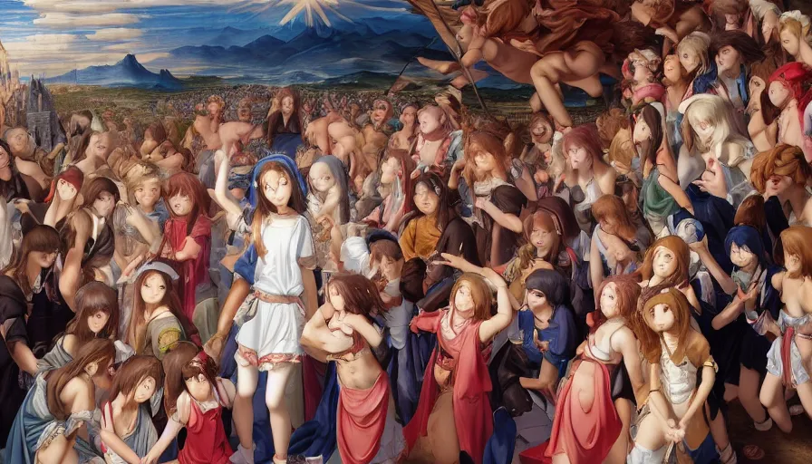 Image similar to jesus christ surrounded by cute anime girls, photorealistic, anime, mini skirt, neko, cat ears, renaissance painting, hyper real, detailed, wide angle shot, ultra detailed