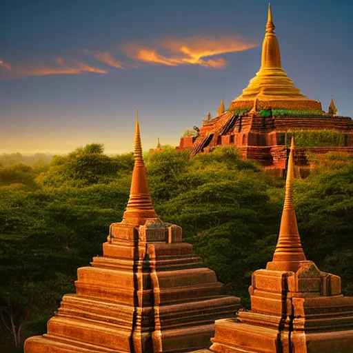 Image similar to isometric art of a buddhist bagan temple, beautiful render, golden hour, isometric