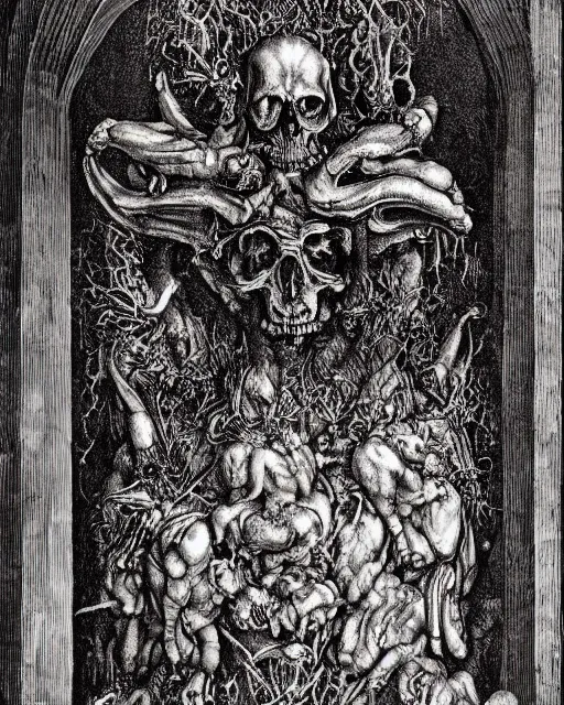 Image similar to gates of hell, fine details, photorealistic, intricate complexity, extremely detailed, very sharp, in the style of albrecht durer,