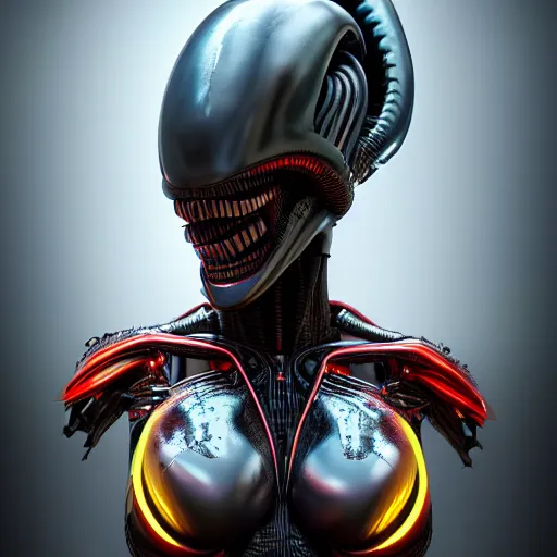 Prompt: futuristic cyberpunk alien xenomorh queen robot concept, highly detailed, photorealistic portrait, bright studio setting, studio lighting, crisp quality and light reflections, unreal engine 5 quality render