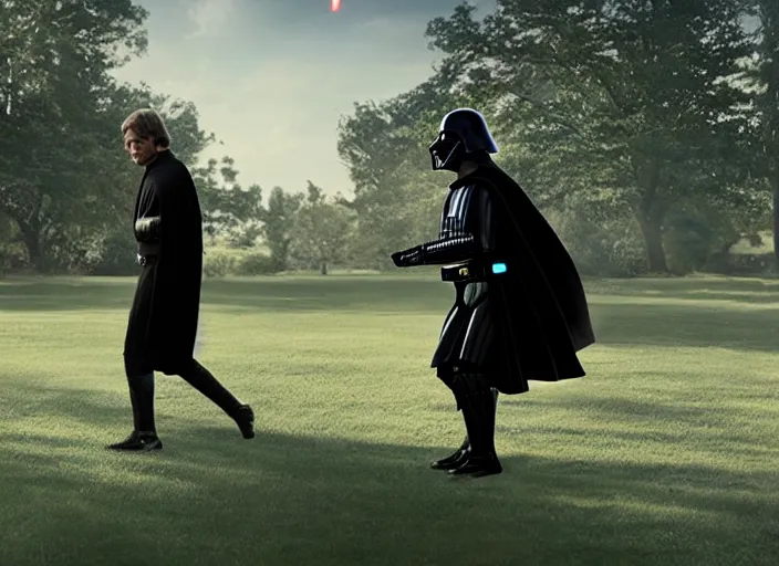 Prompt: film still of Darth Vader plays frisbee with Luke Skywalker in the new Star Wars movie, 4k