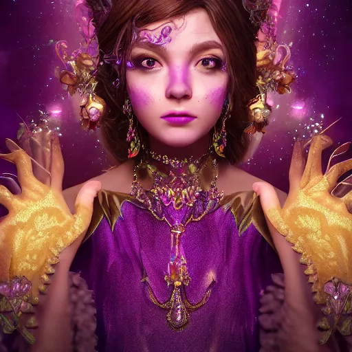 Image similar to portrait princess of amethyst, glowing, ornate and intricate purple jewelry, jaw dropping beauty, glowing background lighting, purple accent lighting, hyper detailed, fairy tale, 4 k octane render