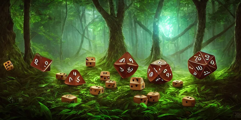 Image similar to anthropomorphic tree spirits rolling cube dice in the forest, glowing energy, fantasy magic, by willian murai and jason chan and marco bucci, hyper detailed and realistic, illustration, sharp focus, cinematic, rule of thirds, forestpunk