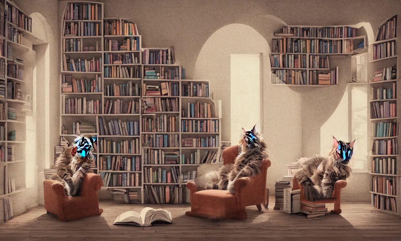 Prompt: bookshelf, maine coon cats, brick streets, ancient manuscripts, a reader in a chair, nordic pastel colors, 3 d art, digital illustration, perfect lighting