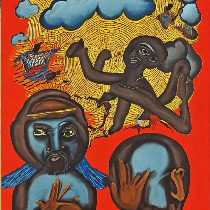 Image similar to UFO hovering over an African Jesus , clouds, in the style of Nigerian truck art (Eagle & Snake, Kano),