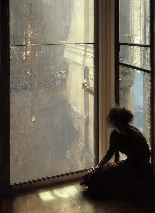 Image similar to a portrait of beautiful woman sitting in the floor, inside a modern apartment, intricate oil painting, hyperdetailed, ominous, ethereal, dramatic lighting, by jeremy mann and ruan jia and lawrence alma - tadema